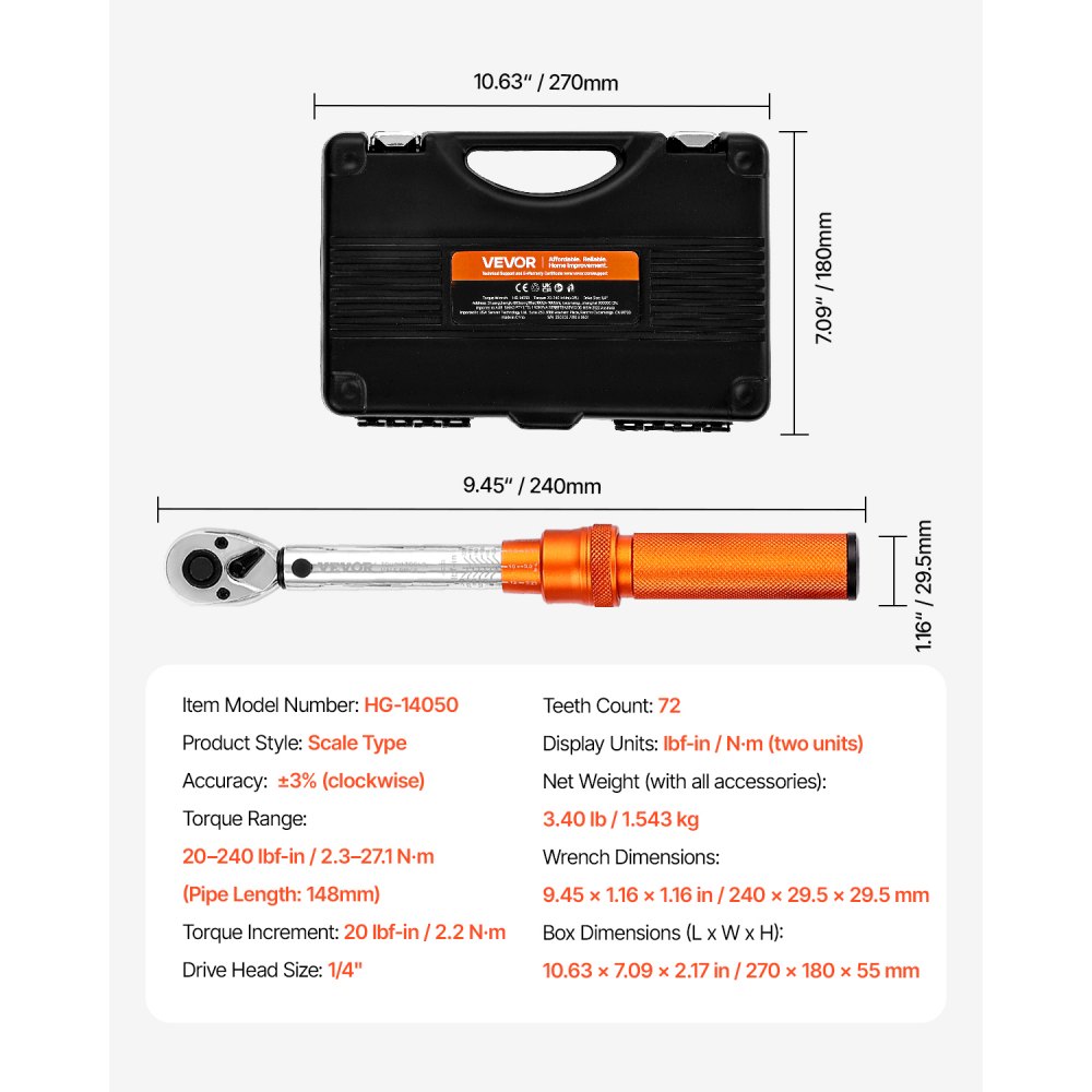 VEVOR Click Torque Wrench with 1/4 Inch Drive 2.3-27.1 Nm, Two-Way Torque Wrench with Extension Rods & Drill, 72 Teeth ±3% High Precision for Car Repair Orange