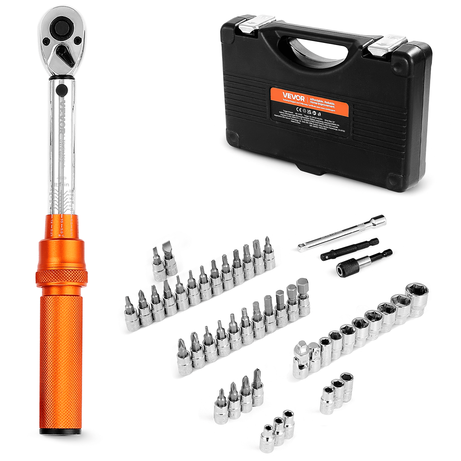 VEVOR Click Torque Wrench with 1/4 Inch Drive 2.3-27.1 Nm, Two-Way Torque Wrench with Extension Rods & Drill, 72 Teeth ±3% High Precision for Car Repair Orange