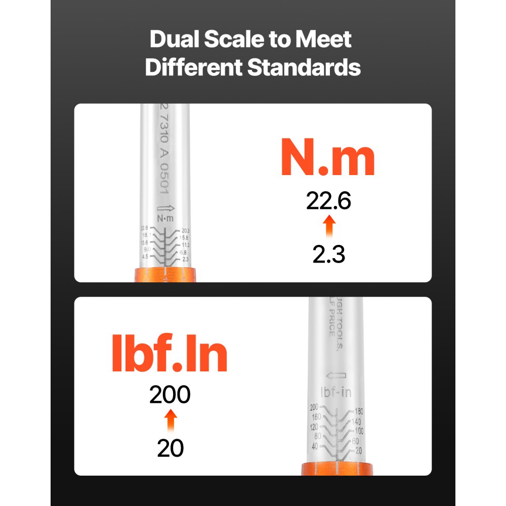 VEVOR Klick-Drehmomentschlüssel mit 1/4 Zoll Antrieb 2,3–22,6 N.m, Zweiwege-Drehmomentschlüssel-Set mit Zweibereichsskalen, 72 Zähne ±3 % hohe Präzision legierter Stahl für Autoreparatur