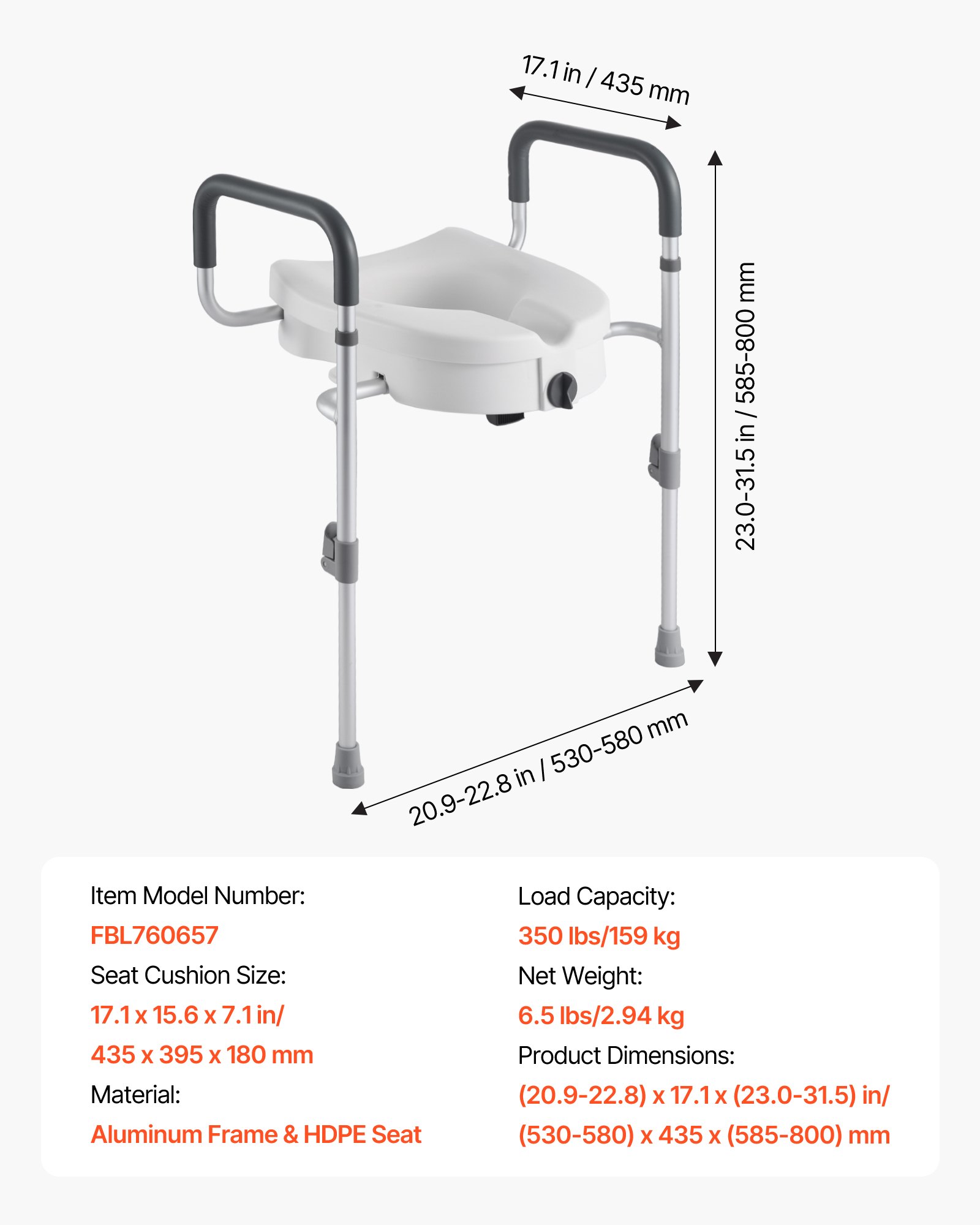 VEVOR Toilettensitzerhöhung Toilettenerhöhung mit Armlehnen & 159 kg Tragkraft & 127 mm Hubhöhe & Aluminiumrahmen, erhöhter Toilettensitz für ältere Menschen Senioren Behinderte Erwachsene
