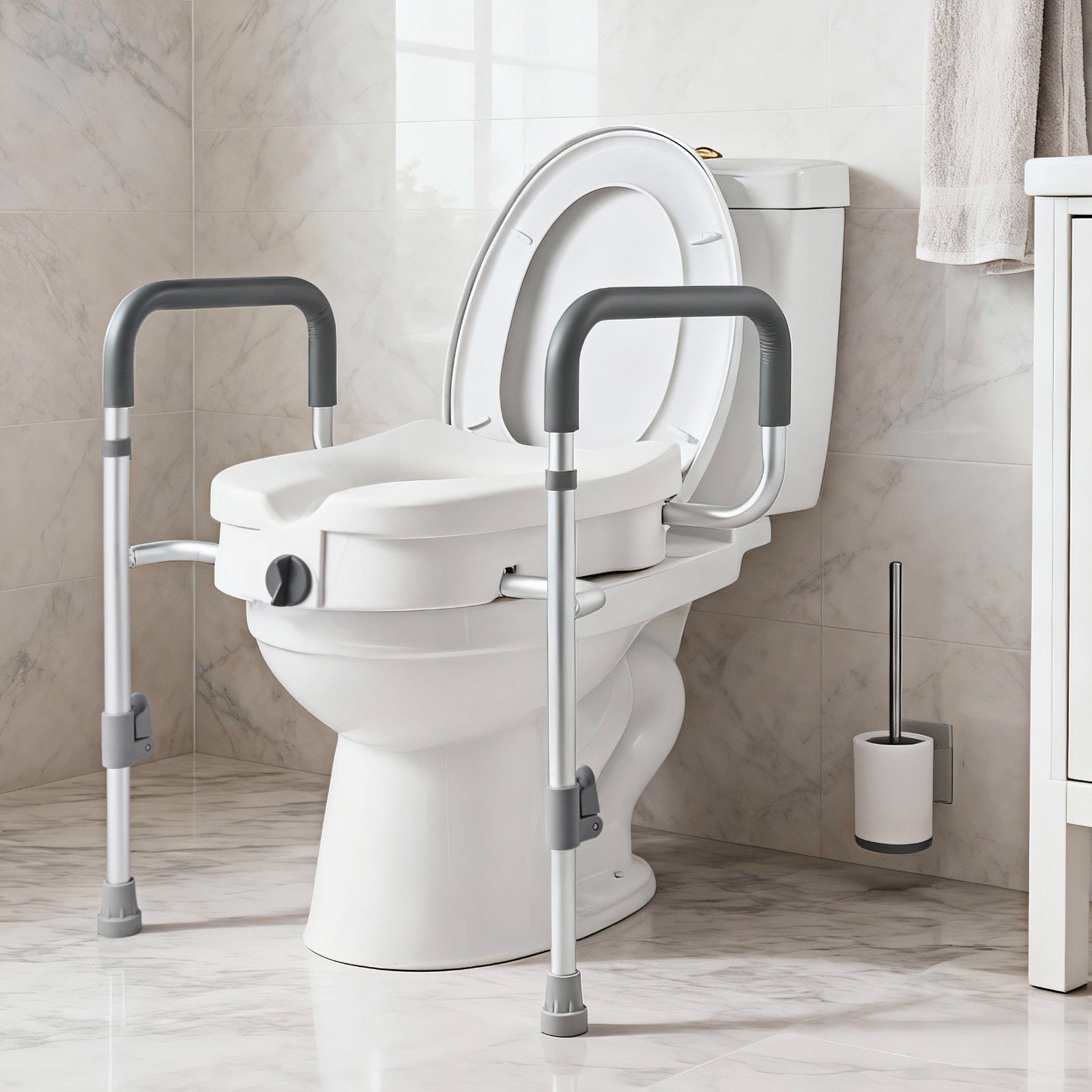 VEVOR Toilettensitzerhöhung Toilettenerhöhung mit Armlehnen & 159 kg Tragkraft & 127 mm Hubhöhe & Aluminiumrahmen, erhöhter Toilettensitz für ältere Menschen Senioren Behinderte Erwachsene