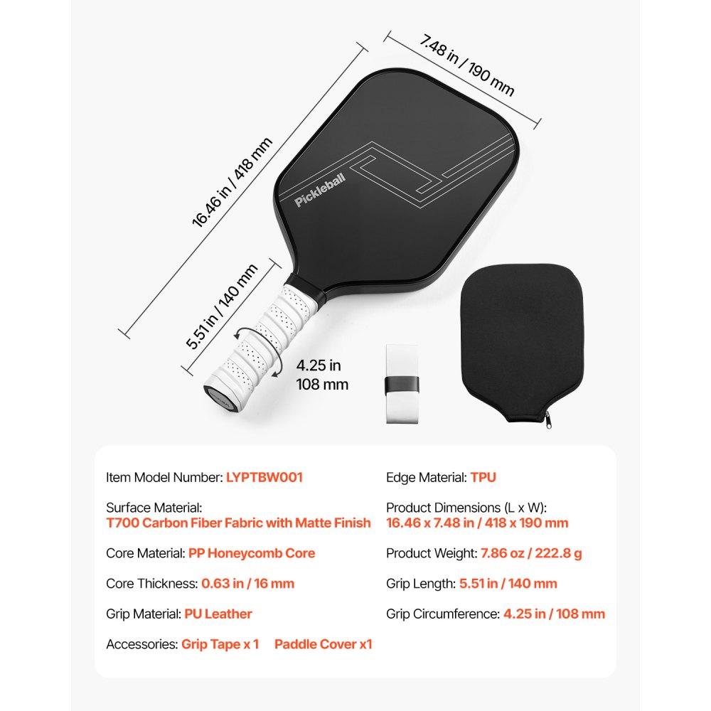 VEVOR Pickleball Paddle Racket with T700 Carbon Fiber Surface and Honeycomb Core, Professional Pickleball Racket with Increased Power, Control & Spin for Adult Men and Women, Black