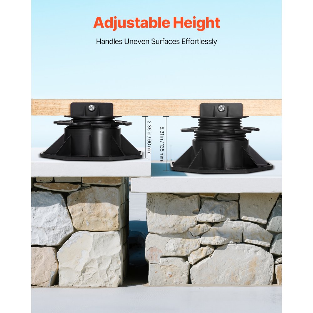 VEVOR Adjustable Pedestal Supports, Height Adjustable from 60 to 135 mm, 12 Pieces, Terrace Supports, Load Capacity 907.18 kg, Adjustable Foot, Plastic Base Paver, Slab Supports, Beam Supports for Wood, Concrete, Metal