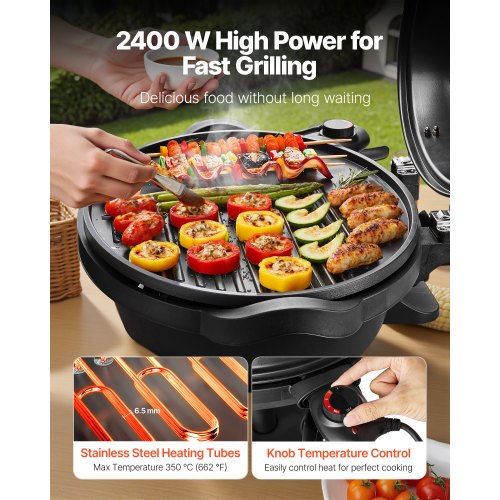 VEVOR Elektrogrill 2400W, 2-in-1 Standgrill Tischgrill, Partygrill mit einstellbarer Temperatur von 50°C bis 350°C und antihaftbeschichteter