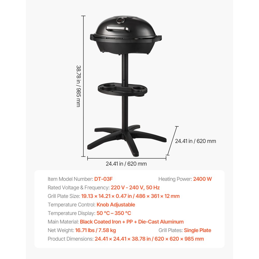 VEVOR Elektrogrill 2400W, 2-in-1 Standgrill Tischgrill, Partygrill mit einstellbarer Temperatur von 50°C bis 350°C und antihaftbeschichteter Keramikplatte für Grillpartys und Gartenpartys