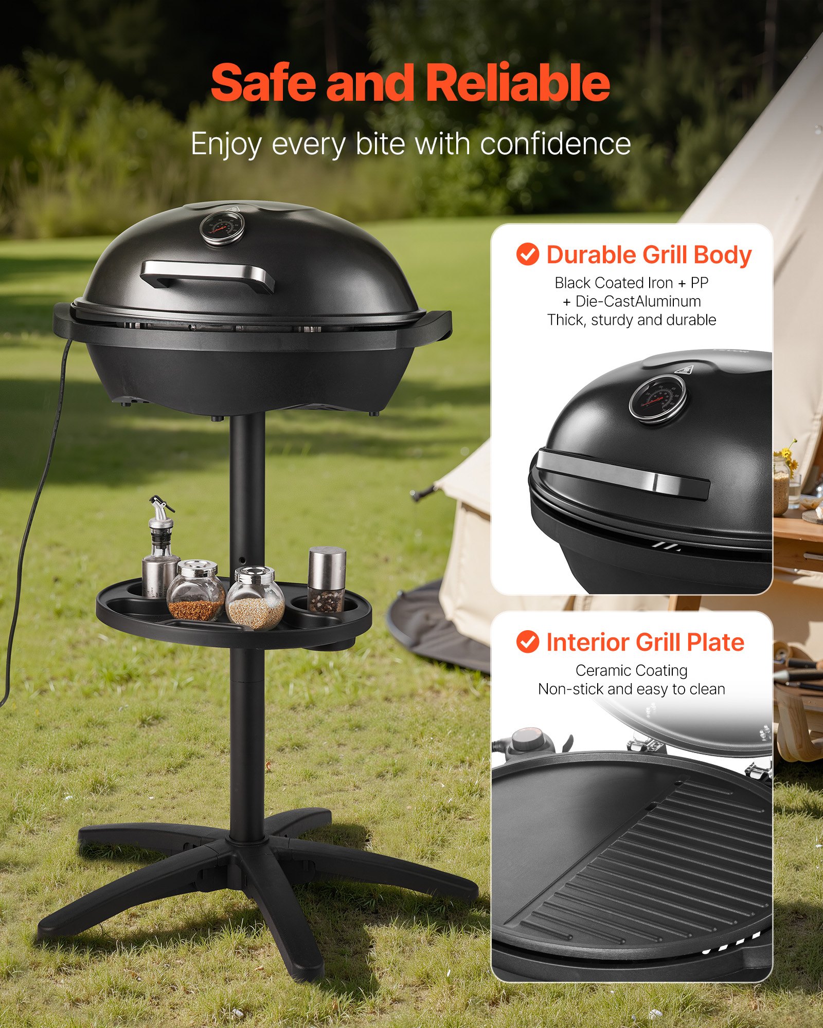 VEVOR Elektrogrill 2400W, 2-in-1 Standgrill Tischgrill, Partygrill mit einstellbarer Temperatur von 50°C bis 350°C und antihaftbeschichteter Keramikplatte für Grillpartys und Gartenpartys