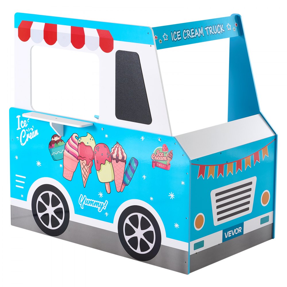 VEVOR Eiswagen für Kinder, über 20 Zubehörteile, Eisdiele aus Holz mit Lenkrad und Tafel, Zahlungsscanner und Gefrierschrank, Wasserhahn und Spüle, geeignet für Kinder von 3–7 Jahren, blau