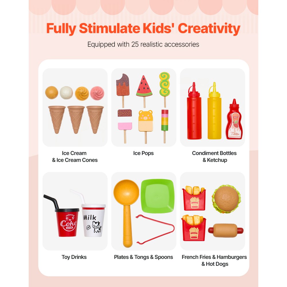 VEVOR Ice Cream Truck for Kids, 20+ Accessories, Ice Cream Parlor Toy Kitchen with Ice Cream Cone, Awning & Freezer, Storage Drawers & Flip-Flip Menus, for Children Ages 3-7