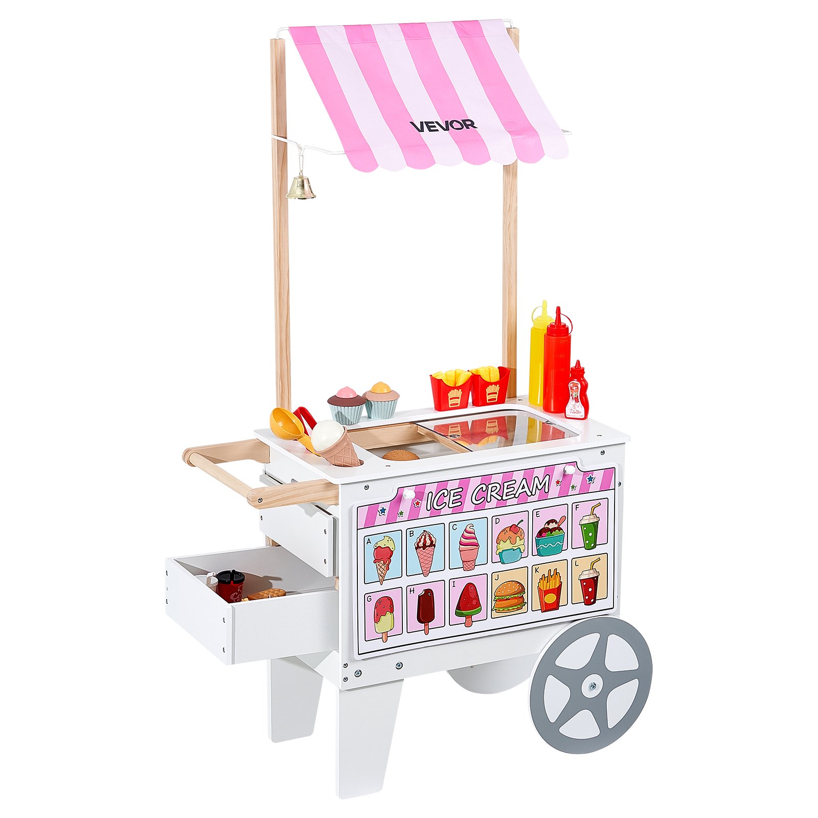 VEVOR Ice Cream Truck for Kids, 20+ Accessories, Ice Cream Parlor Toy Kitchen with Ice Cream Cone, Awning & Freezer, Storage Drawers & Flip-Flip Menus, for Children Ages 3-7