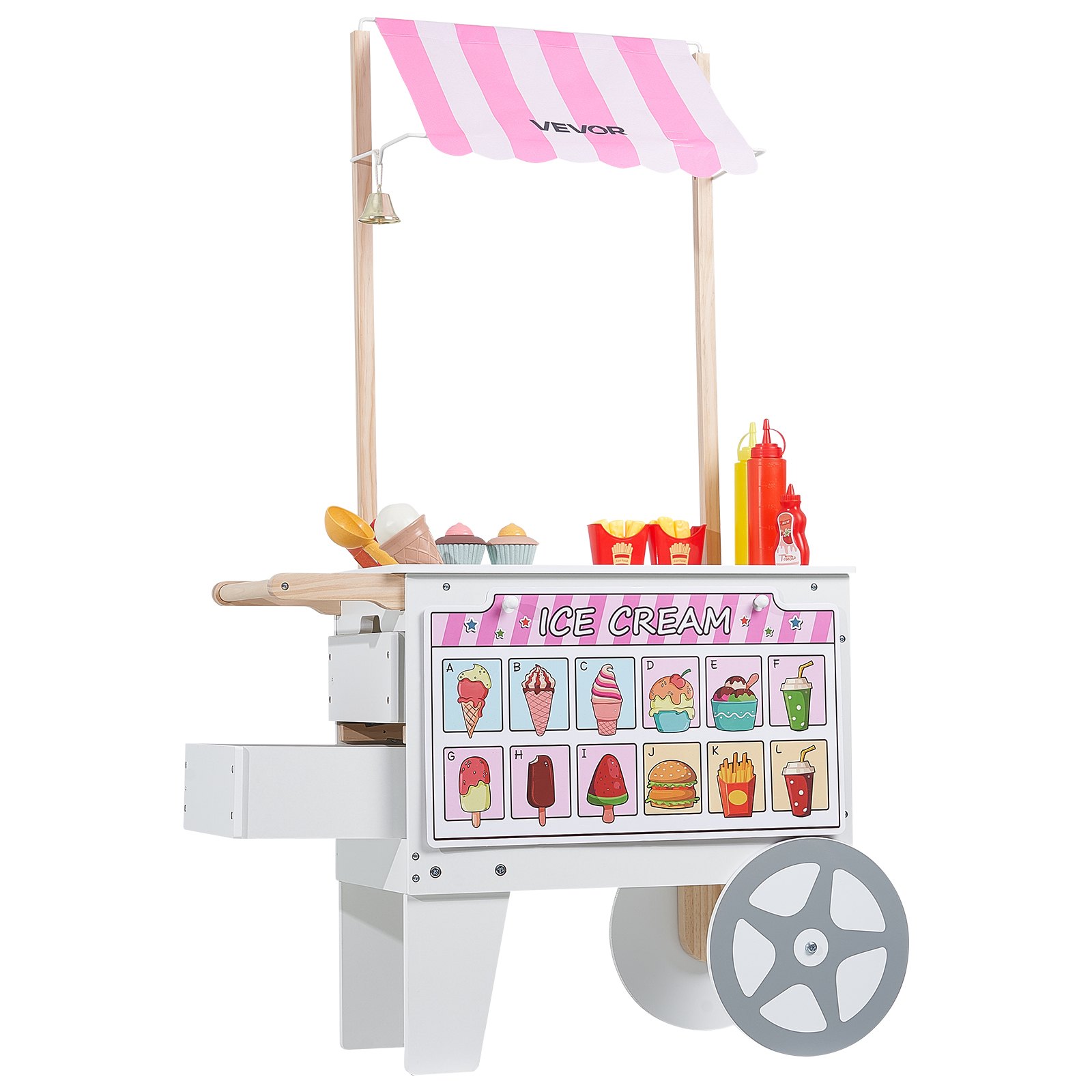VEVOR Ice Cream Truck for Kids, 20+ Accessories, Ice Cream Parlor Toy Kitchen with Ice Cream Cone, Awning & Freezer, Storage Drawers & Flip-Flip Menus, for Children Ages 3-7
