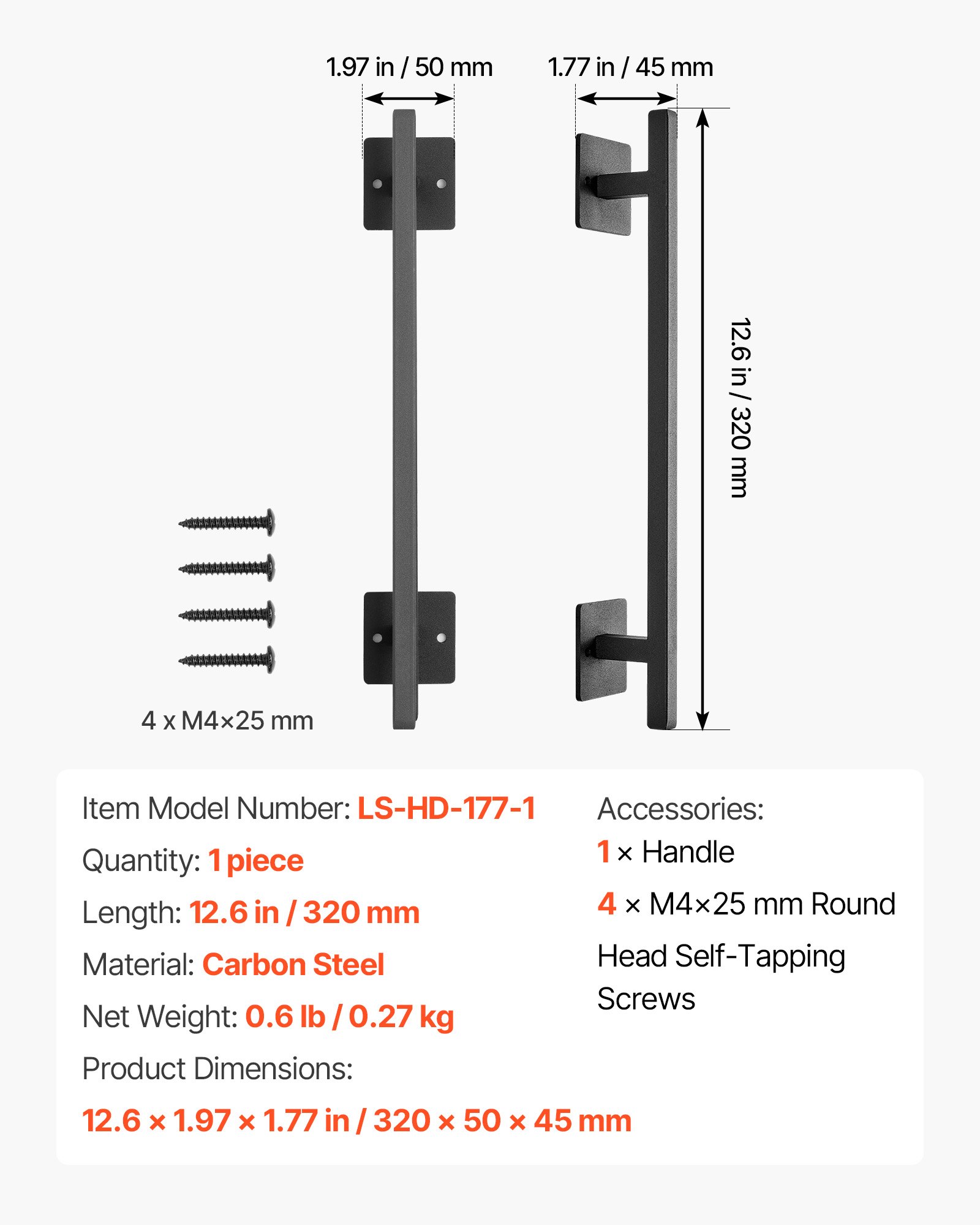 VEVOR Scheunentorgriff, 32 cm, Scheunentürgriff mit rostbeständiger Beschichtung, Schiebetür Griff aus Karbonstahl, Schrankgriff, Metall-Schiebetürgriffe für Garage, Schuppen, Schrank
