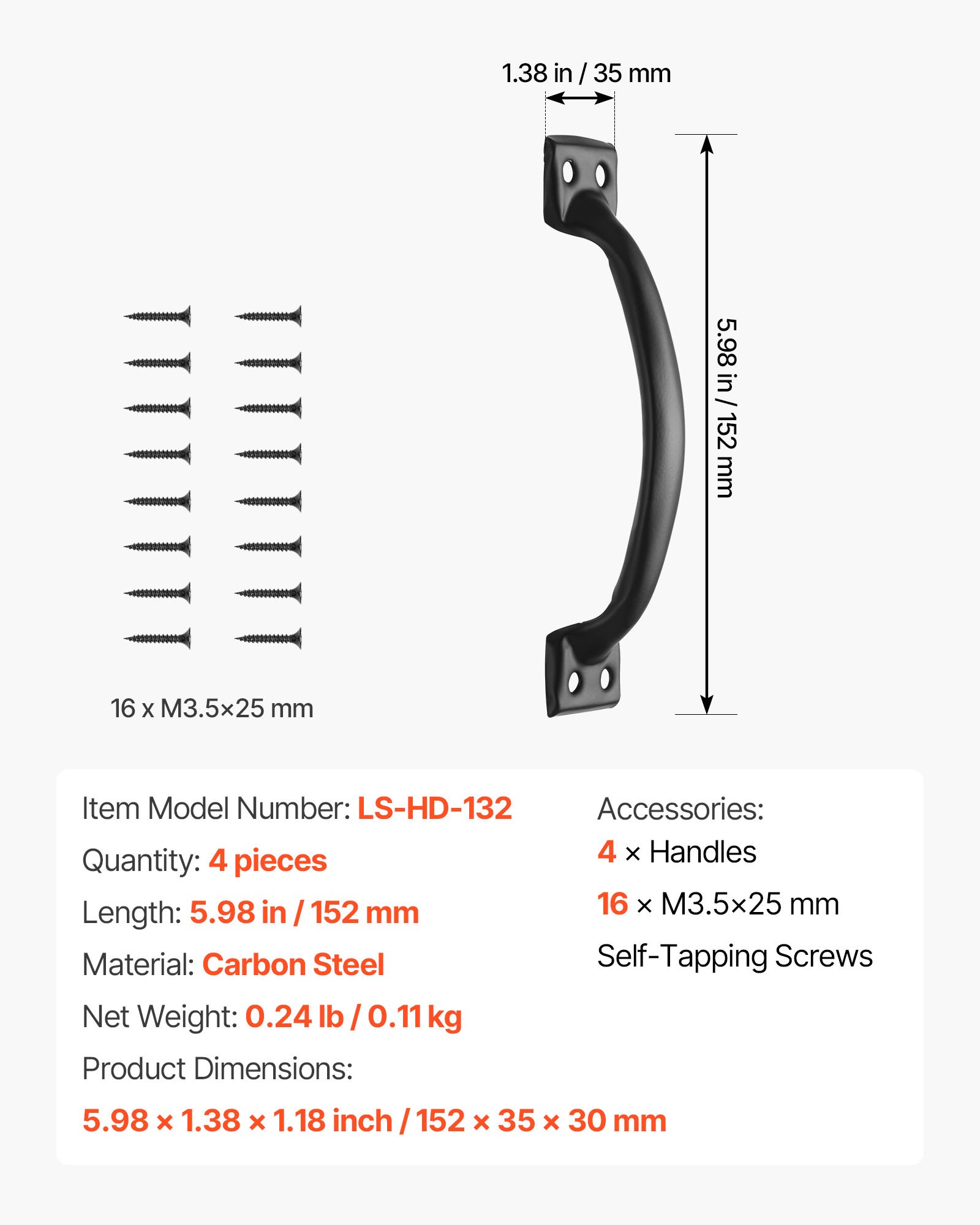 VEVOR Barn Door Handle, 4Pcs 152 mm Rustic Fence Gate Handle, Rust-Resistant Coating, Heavy Duty Carbon Steel Outdoor Gate Handles, Easy to Install, Metal Sliding Door Pulls for Garage Shed Closet