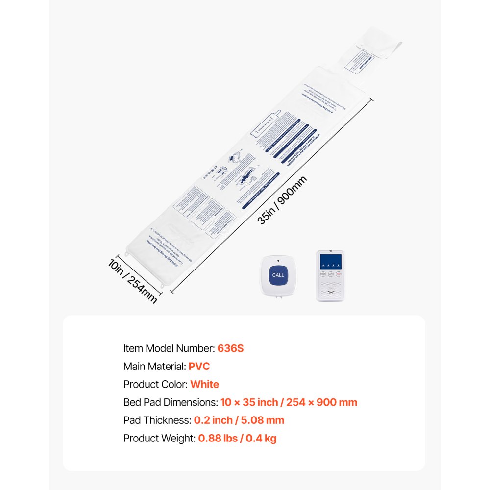 VEVOR Sensormatte, Alarmtrittmatte mit Ruftaste & Pager, Sicherheitsbettalarme vor dem Alarm & Sturzprävention für ältere Menschen, Demenzpatienten & Erwachsene (254x889 mm)