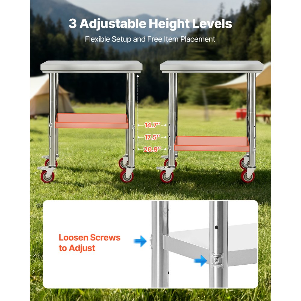 VEVOR Edelstahltisch Arbeitstisch Küchentisch (76 x 60 cm) zur Lebensmittelzubereitung mit Rädern, Zubereitungstisch mit verstellbaren Unterregal für Großküchen Restaurants Hotels Garagen Outdoor
