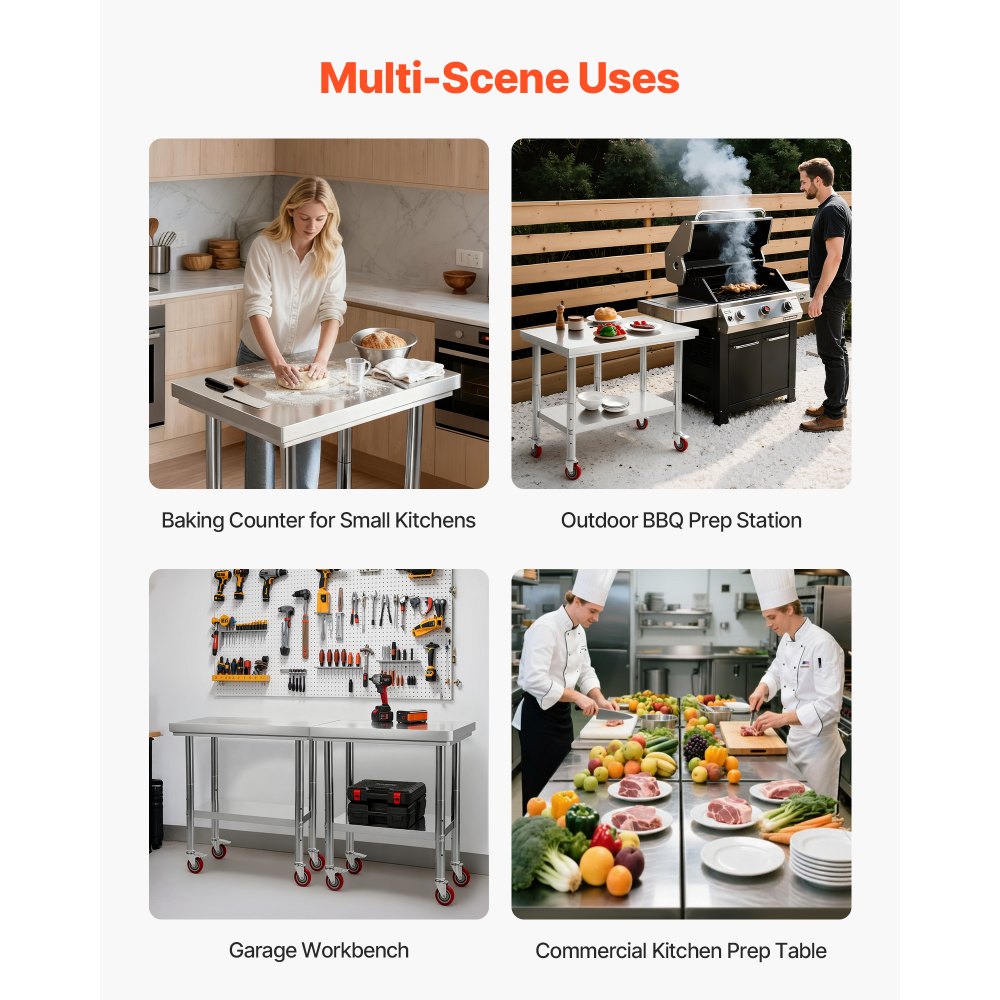 VEVOR Stainless Steel Table, 60 x 76 cm Food Prep Worktable with Wheels, Kitchen Prep Table with Adjustable Undershelf Workstations for Commercial Kitchen, Restaurant, Hotel and Garage, Outdoor