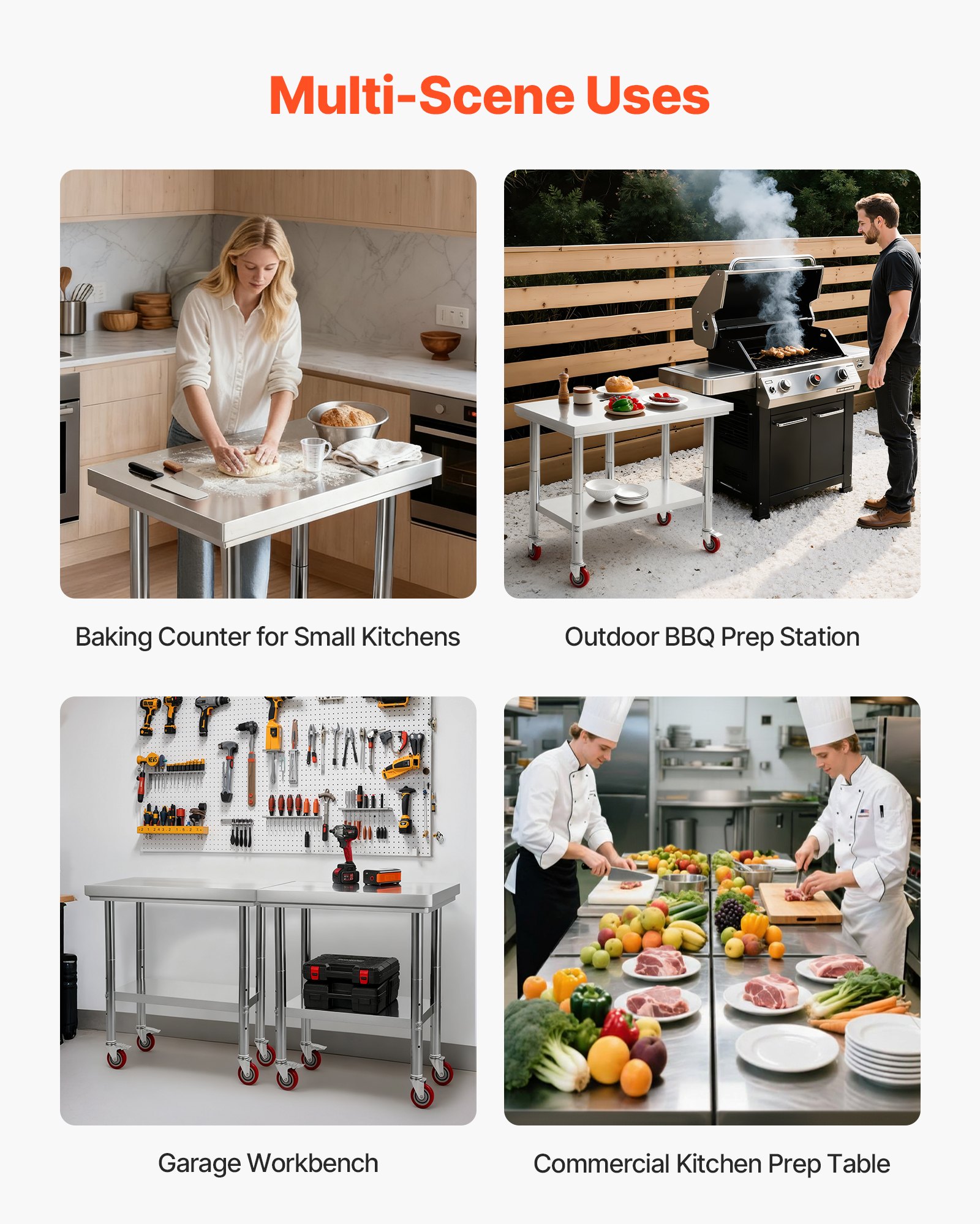 VEVOR Stainless Steel Table, 60 x 76 cm Food Prep Worktable with Wheels, Kitchen Prep Table with Adjustable Undershelf Workstations for Commercial Kitchen, Restaurant, Hotel and Garage, Outdoor