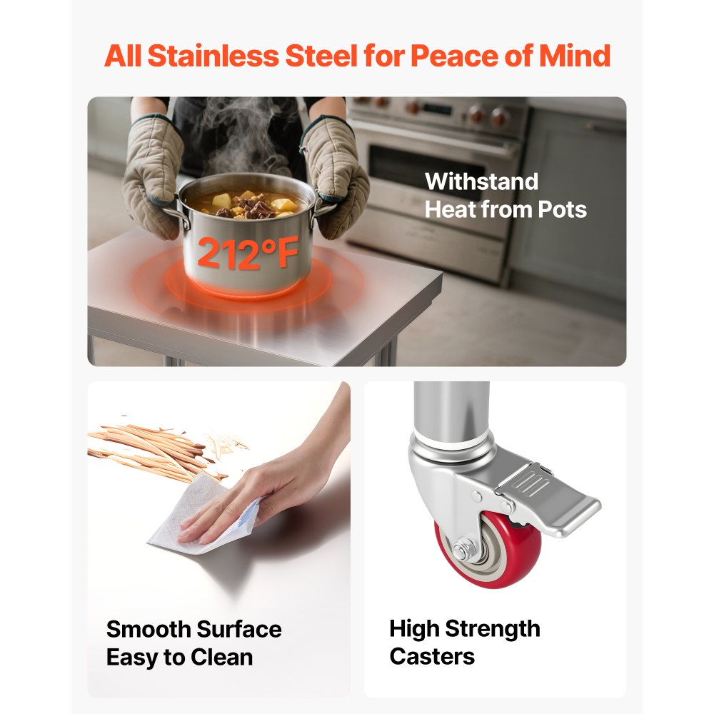 VEVOR Edelstahltisch Arbeitstisch Küchentisch (61 x 45 cm) zur Lebensmittelzubereitung mit Rädern, Zubereitungstisch mit verstellbaren Unterregal für Großküchen Restaurants Hotels Garagen Outdoor