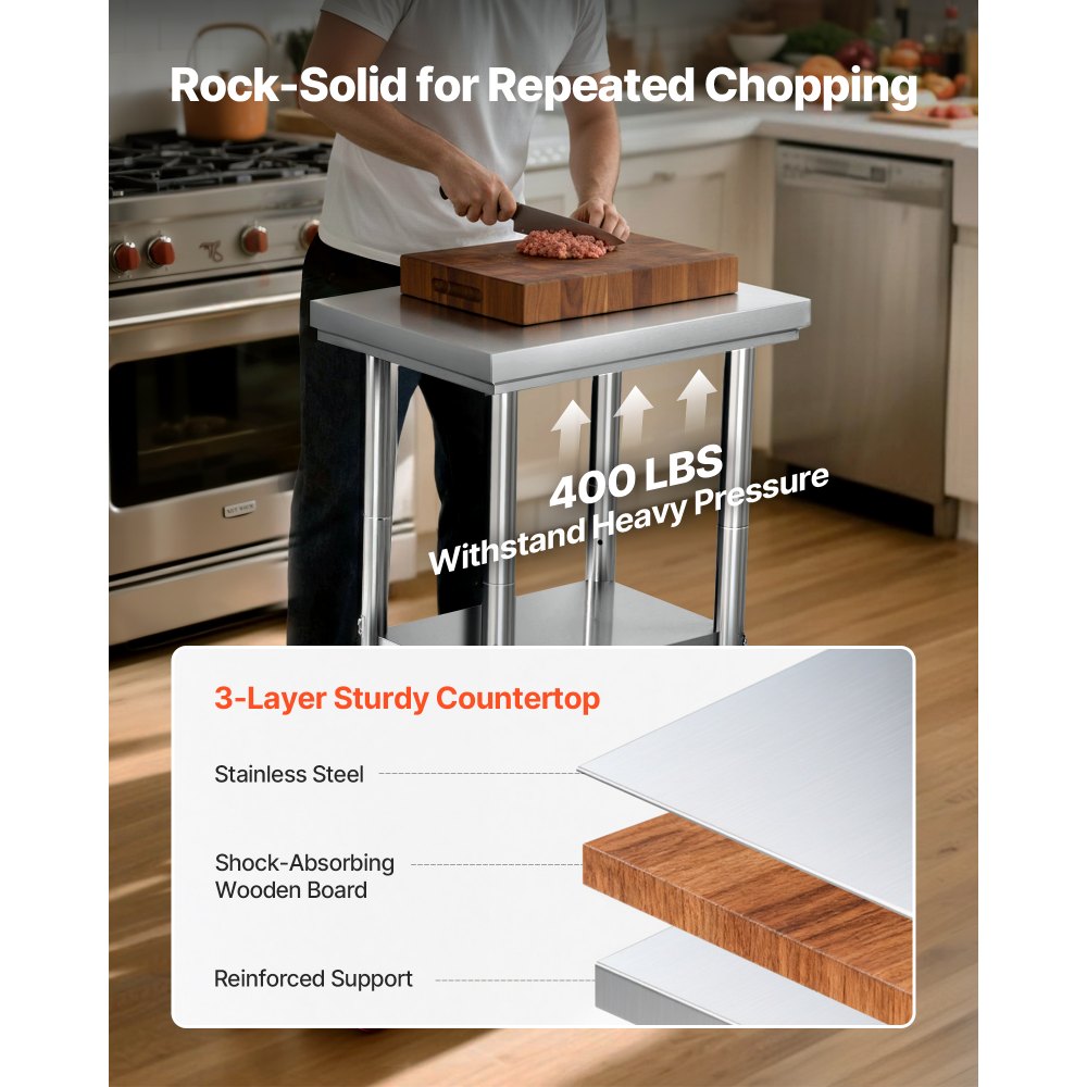 VEVOR Edelstahltisch Arbeitstisch Küchentisch (61 x 45 cm) zur Lebensmittelzubereitung mit Rädern, Zubereitungstisch mit verstellbaren Unterregal für Großküchen Restaurants Hotels Garagen Outdoor