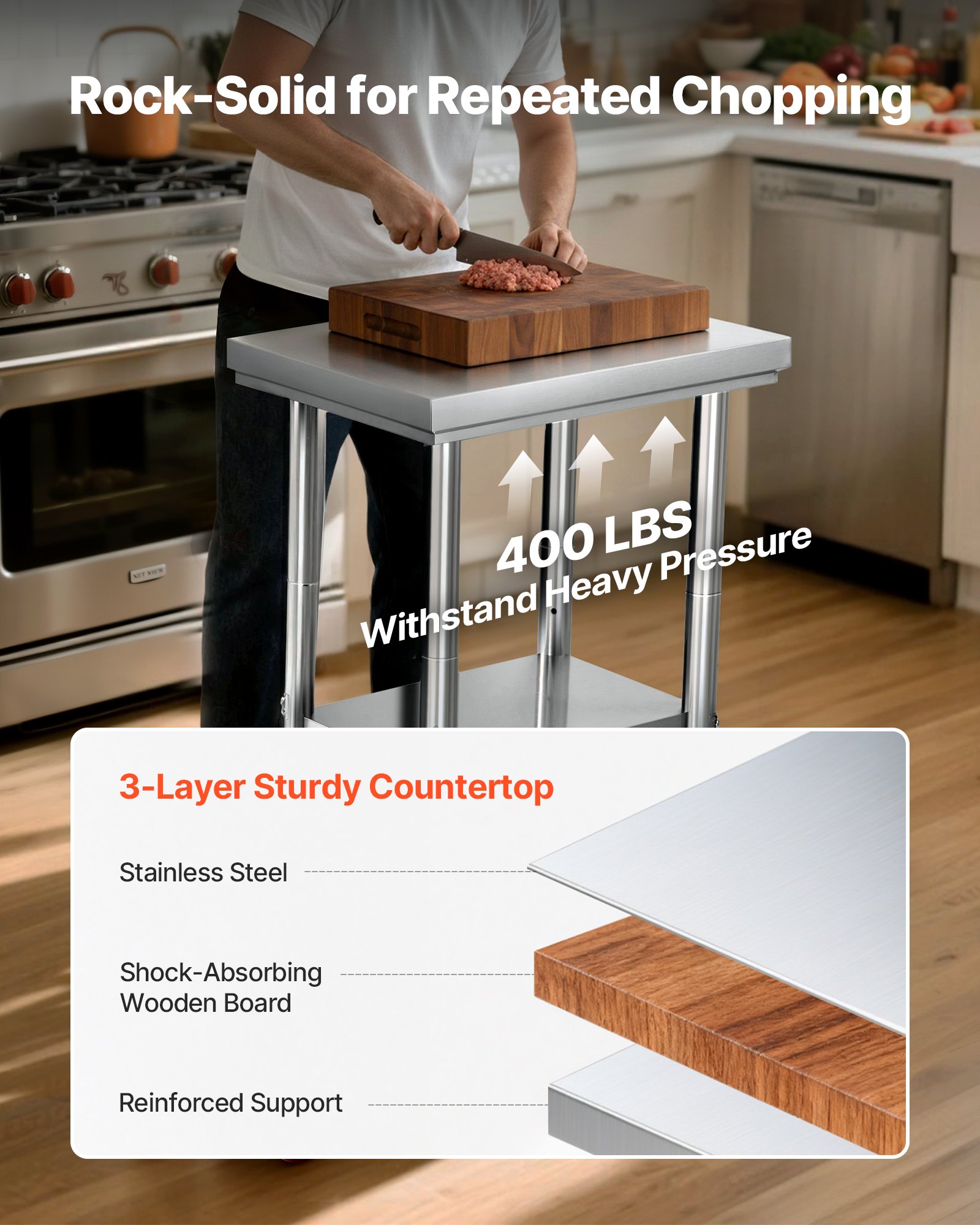 VEVOR Edelstahltisch Arbeitstisch Küchentisch (61 x 45 cm) zur Lebensmittelzubereitung mit Rädern, Zubereitungstisch mit verstellbaren Unterregal für Großküchen Restaurants Hotels Garagen Outdoor