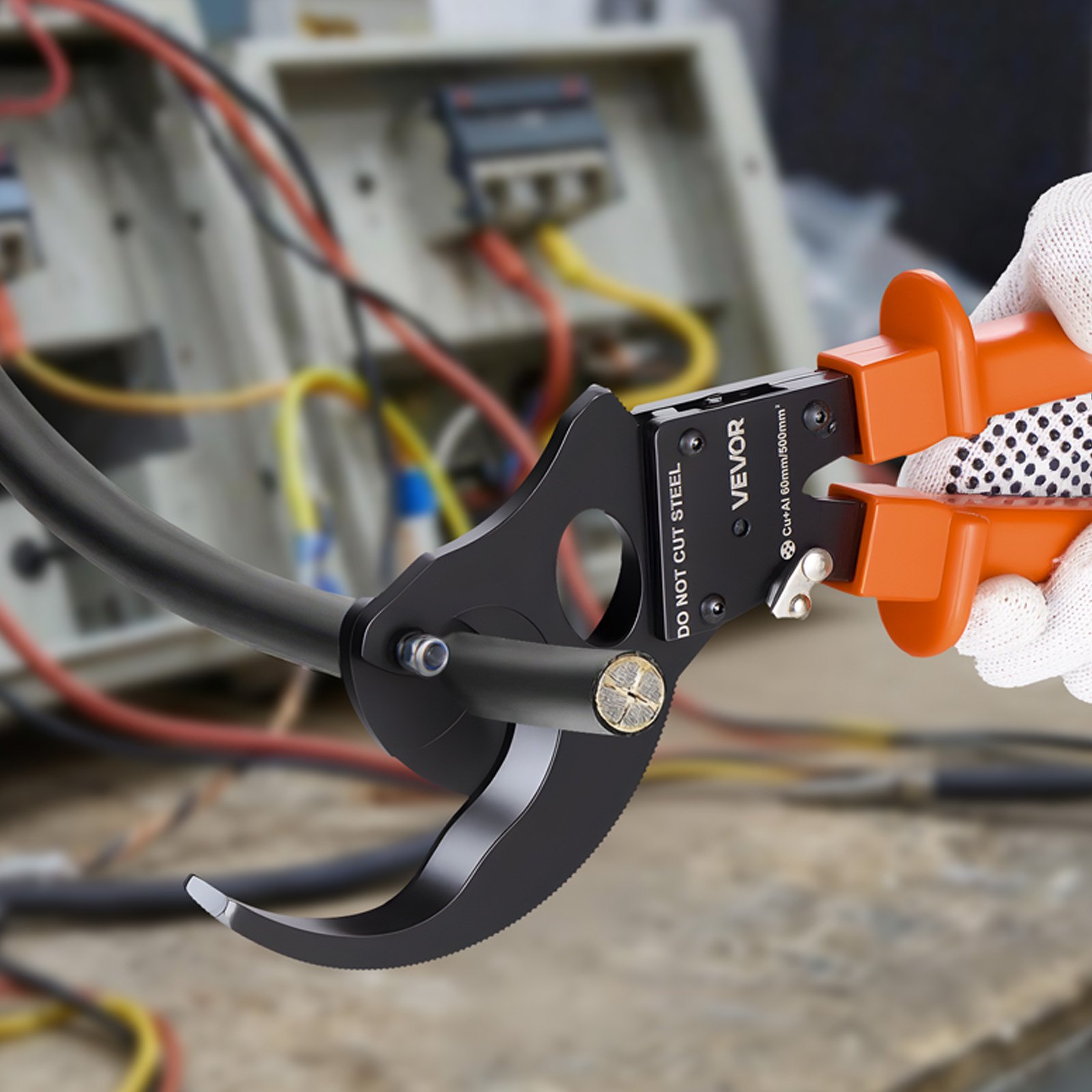 VEVOR Ratschenkabelschneider, Federstahlklingen mit PVC-beschichteten Griffen, Schnellverschlussknopf, Ratschen-Kabelschneider zum Schneiden von Kupfer- und Aluminiumkabeln bis zu 1000 MCM / 500 mm²