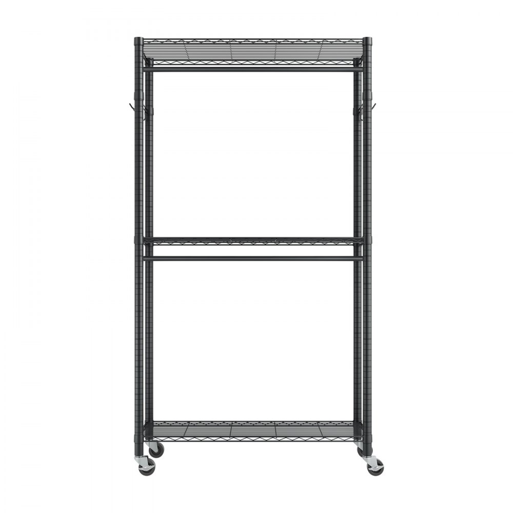 VEVOR Kleiderständer Garderobenständer auf Rollen (verstellbar) aus Karbonstahl mit 2 Kleiderstangen & 204 kg Tragkraft & 3 Regalen & 8 Haken, für Schlafzimmer Bekleidungsgeschäft Garderobe Flur