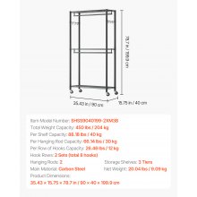 VEVOR Kleiderständer Garderobenständer auf Rollen (verstellbar) aus Karbonstahl mit 2 Kleiderstangen & 204 kg Tragkraft & 3 Regalen & 8 Haken, für Schlafzimmer Bekleidungsgeschäft Garderobe Flur