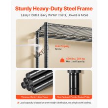 VEVOR Kleiderständer Garderobenständer auf Rollen (verstellbar) aus Karbonstahl mit 2 Kleiderstangen & 204 kg Tragkraft & 3 Regalen & 8 Haken, für Schlafzimmer Bekleidungsgeschäft Garderobe Flur