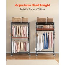 VEVOR Kleiderständer Garderobenständer auf Rollen (verstellbar) aus Karbonstahl mit 2 Kleiderstangen & 204 kg Tragkraft & 3 Regalen & 8 Haken, für Schlafzimmer Bekleidungsgeschäft Garderobe Flur