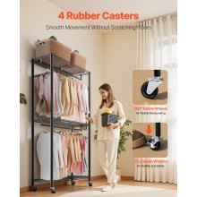 VEVOR Kleiderständer Garderobenständer auf Rollen (verstellbar) aus Karbonstahl mit 2 Kleiderstangen & 204 kg Tragkraft & 3 Regalen & 8 Haken, für Schlafzimmer Bekleidungsgeschäft Garderobe Flur