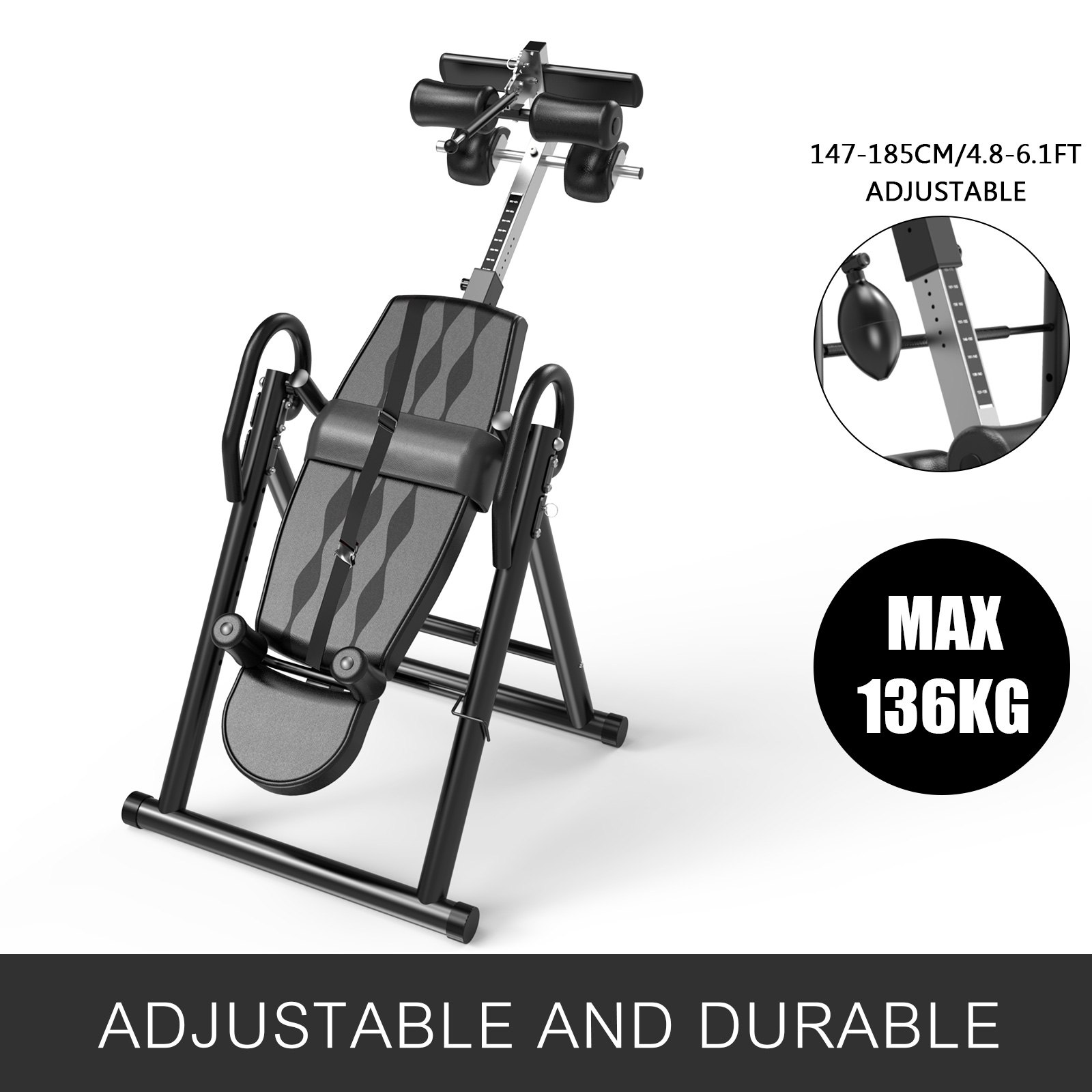 VEVOR Faltbar Gravitations Inversionsbank 147-185 cm Heimgebrauch Heimfitnessgeräte MAX. 136 kg Aufblasbare Lebenseinstellung Schutztherapie mit 3 Inversionswinkel: 20° 40°und 60° Klappbar(Schwarz)