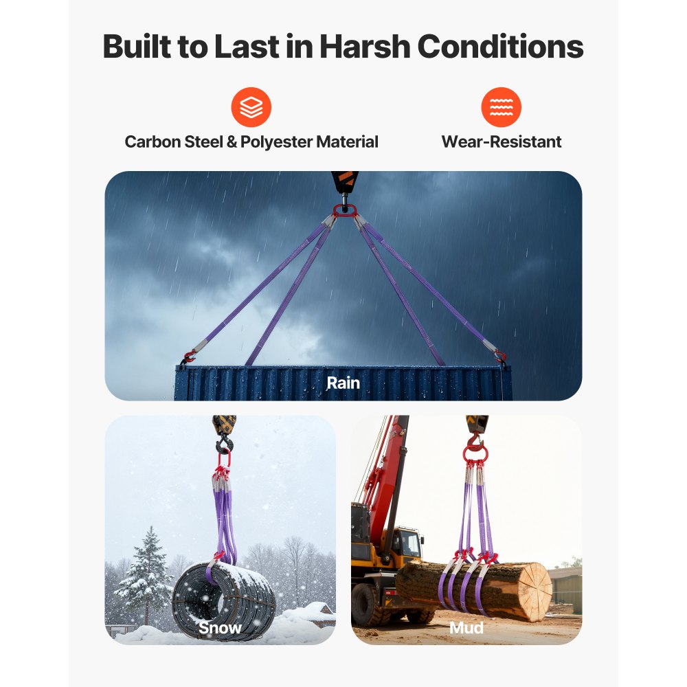 VEVOR Lifting Sling Straps, Four Leg Polyester Bridle Sling with Hooks, 3 Ton Capacity, 5Ft Heavy Duty Rigging Strap, Thickened & Wear-Resistant Webbing Slings for Engines Cranes Hoists Truck