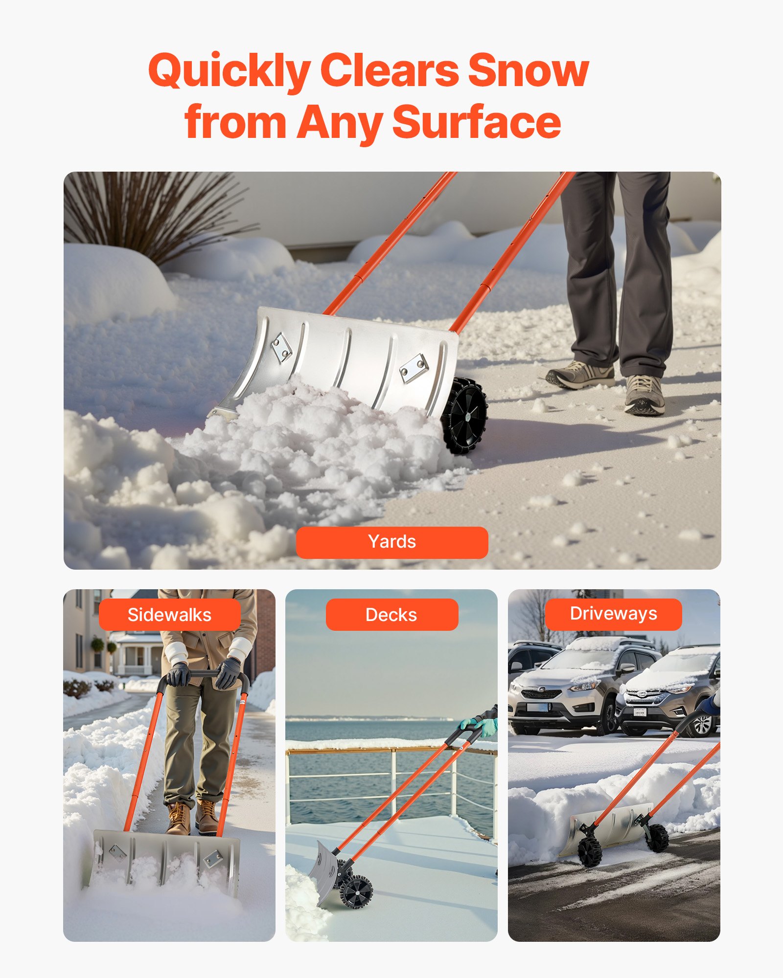 VEVOR Schneeschaufel auf Rädern, 61 cm, Schneeschieber mit bidirektionaler Klinge, 90° verstellbarer Griff, Schneeräumer aus Metall, Schneeräumen, zum Reinigen, für Einfahrten, Gehwege