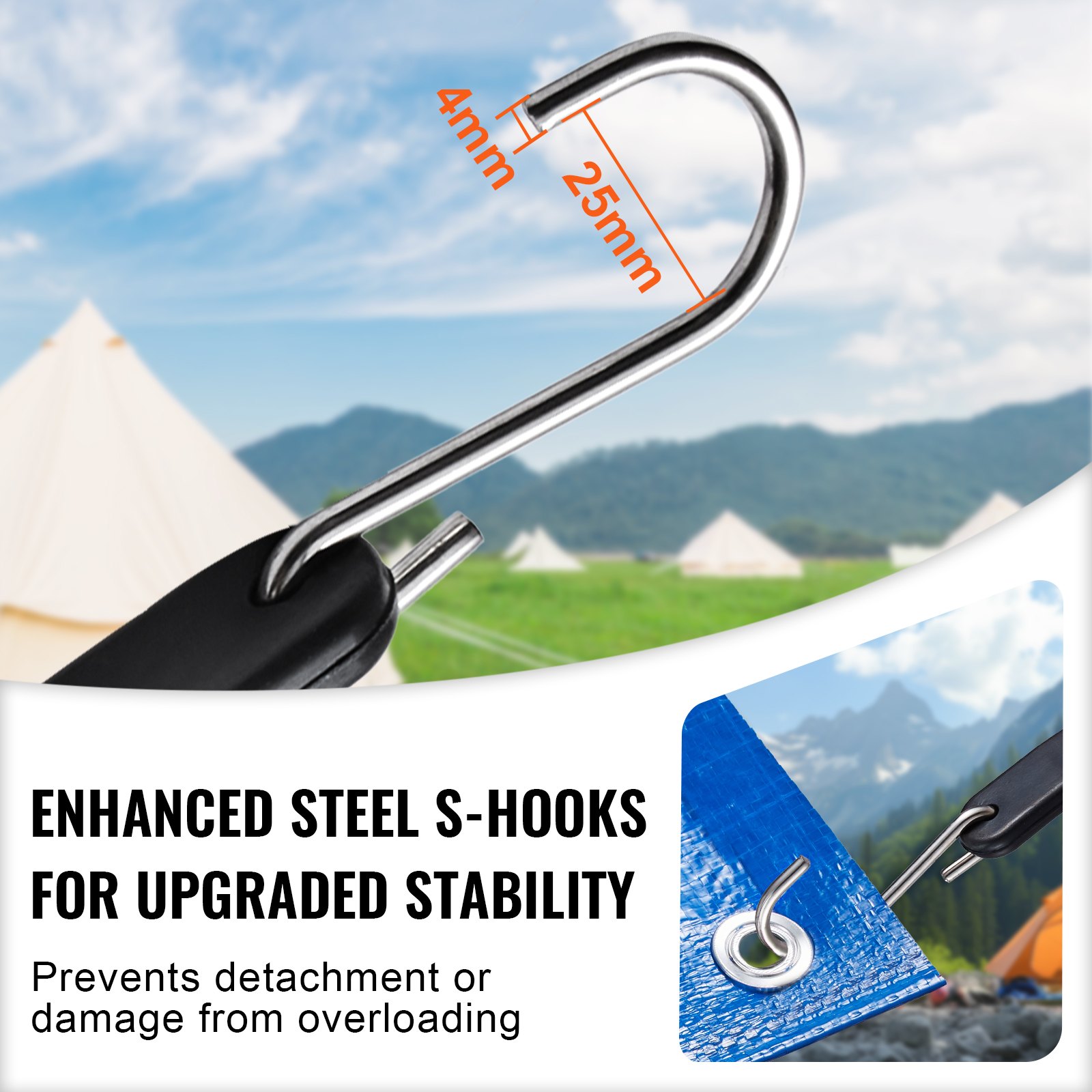 VEVOR 50-piece flat lashing strap set, 19.8 mm heavy-duty lashing straps with steel S-hooks, 53.3 cm elastic lashing strap for cargo, tarpaulins, trucks and tents, black