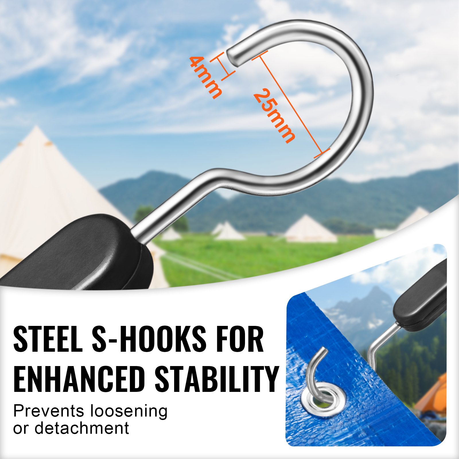 VEVOR 4-piece flat lashing strap, 20 mm heavy-duty lashing straps with steel S-hooks, 101.6 cm long elastic lashing strap for cargo, tarpaulins, trucks and tents, black