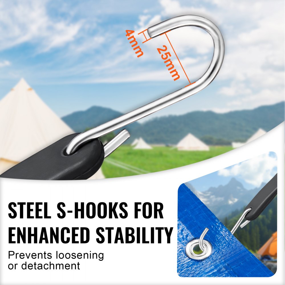 VEVOR 20-teiliges flaches Bungee-Seil, 20 mm robuste Bungee-Gurte mit S-Haken aus Stahl, inkl. 15", 21", 36", elastisches Bungee-Seil für Fracht, Planen, LKWs und Zelt, schwarz