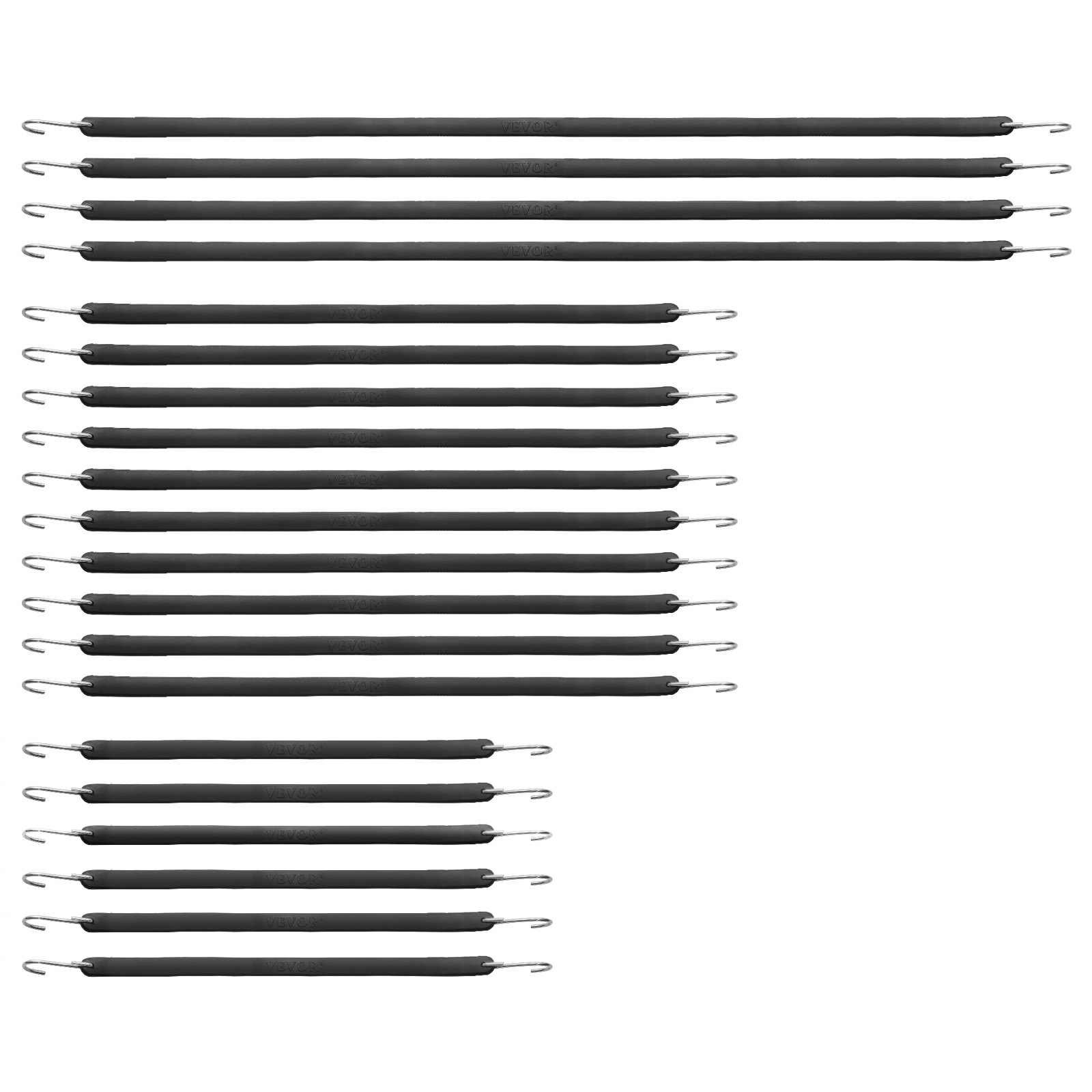 VEVOR 20-teiliges flaches Bungee-Seil, 20 mm robuste Bungee-Gurte mit S-Haken aus Stahl, inkl. 15", 21", 36", elastisches Bungee-Seil für Fracht, Planen, LKWs und Zelt, schwarz