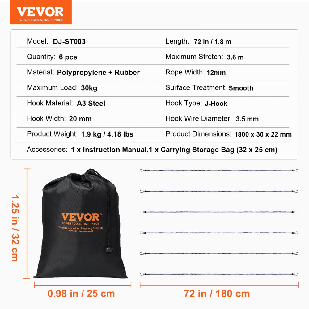 VEVOR 6-teiliges Spannseil mit A3-Stahlhaken, 72 Zoll robuste Spanngurte, 12 mm elastisches Spannseil-Set für Camping, Planen, Motorrad, LKW und Zelt, weiß mit blauen Streifen