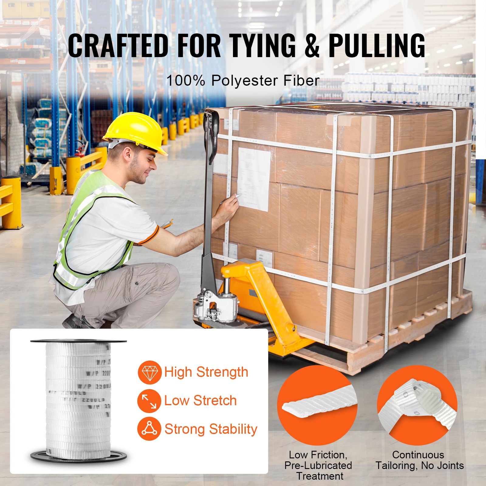 VEVOR Polyester Umreifungsband 998 kgf Zugfestigkeit, Kraftband 33 m x 1,6 cm, Polyesterband, zum Verpacken, Versenden, Festziehen von Ausrüstung, für Heimwerkerarbeiten und Verkabelungen