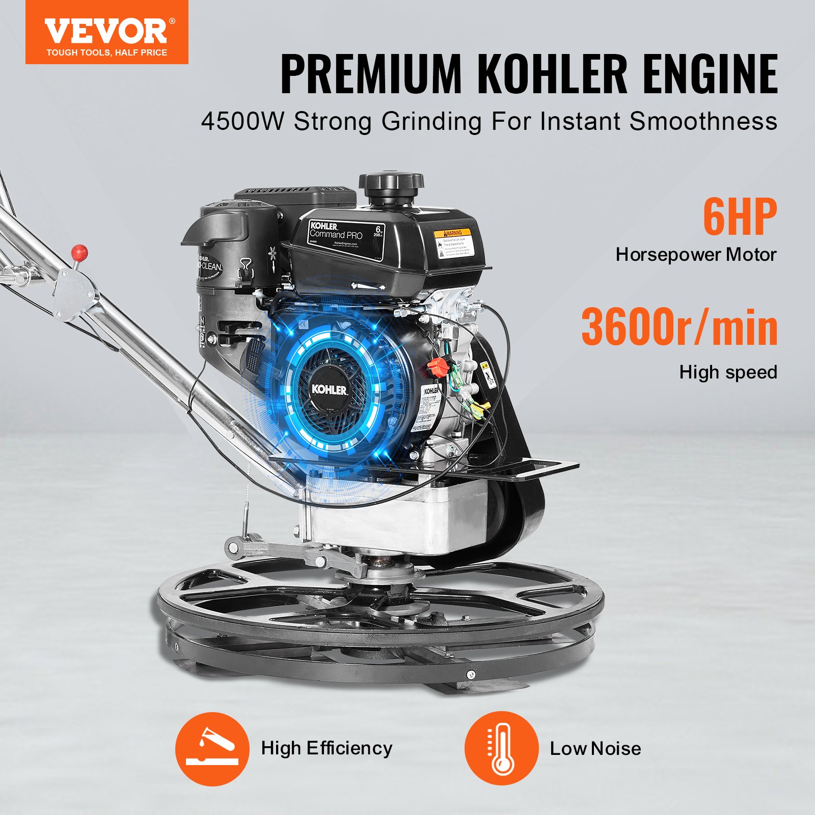 VEVOR Motorglätter, 24 Zoll handgeführte Zementglätter mit Glättpfanne, 6 PS starker, gasbetriebener Oberflächenglätter für glatte Betonflächen, robuster kommerzieller Estrich- und Betonzementglätter mit Glättklinge, orange