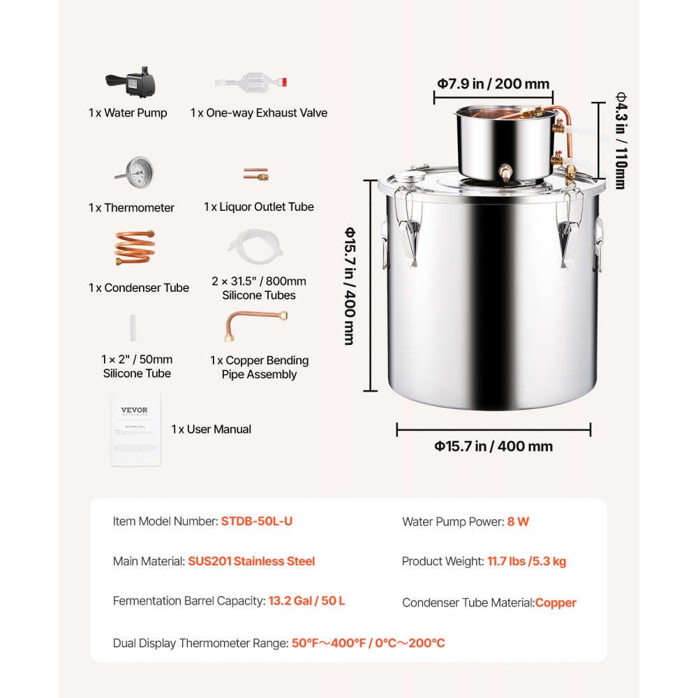 VEVOR 50L Stainless Steel Water Alcohol Distillation System with Copper Coil, Home Brewing Refining Fermentation Kit with Thermometer and Pump, for Wine, Whiskey, Brandy, Silver