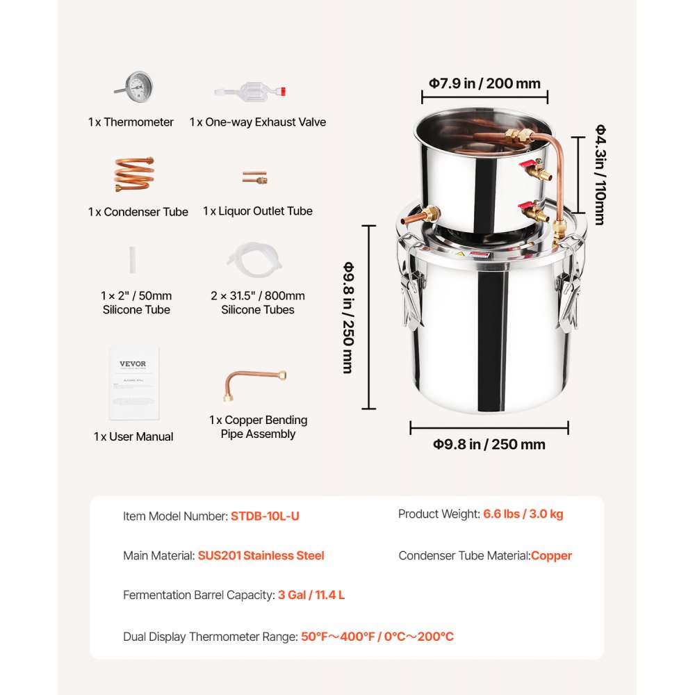 VEVOR Alkoholdestillieranlage, 3 Gal / 11,4 L Edelstahl Wasseralkoholdestillieranlage mit Kupferspule, Heimbrau-Raffinations-Gärungsset mit Thermometer, für Wein Whisky Brandy Silber