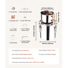 VEVOR Alkoholdestillieranlage, 3 Gal / 11,4 L Edelstahl Wasseralkoholdestillieranlage mit Kupferspule, Heimbrau-Raffinations-Gärungsset mit Thermometer, für Wein Whisky Brandy Silber