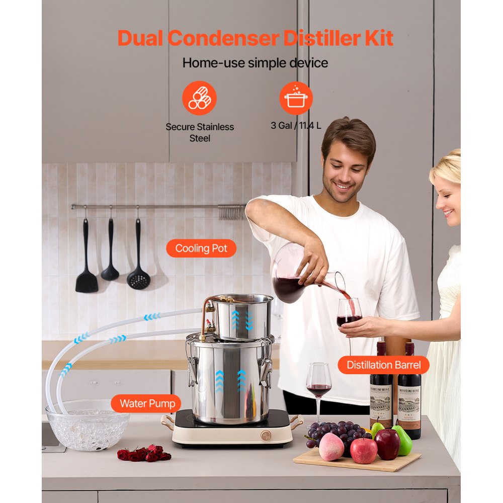 VEVOR Alkoholdestillieranlage 11,4 L Edelstahl Wasseralkohol Destillieranlage mit Kupferspule, Heimbrau-Raffinations-Gärungsset mit Thermometer und Pumpe, für Wein Whisky Brandy, Silber