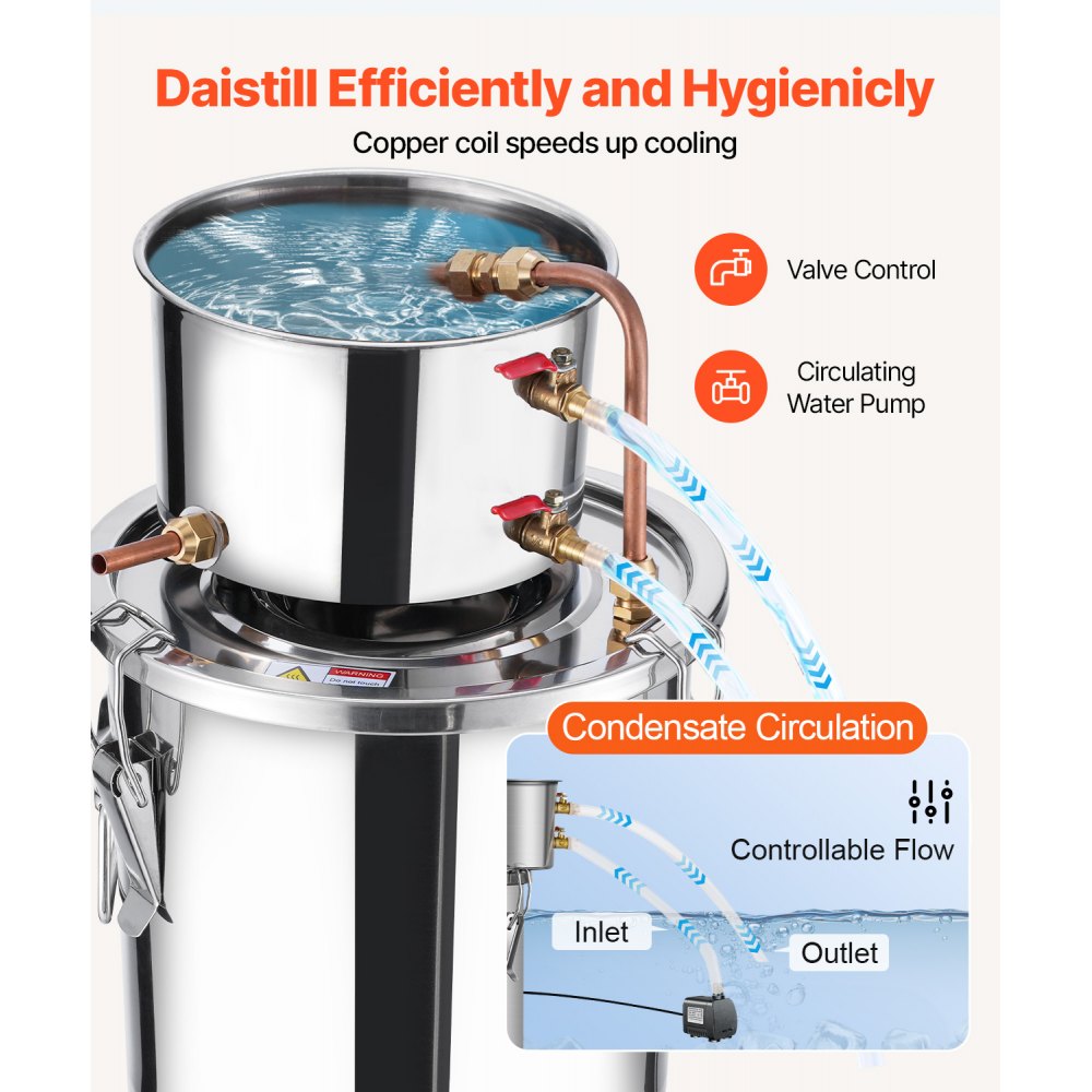 VEVOR Alkoholdestillieranlage 11,4 L Edelstahl Wasseralkohol Destillieranlage mit Kupferspule, Heimbrau-Raffinations-Gärungsset mit Thermometer und Pumpe, für Wein Whisky Brandy, Silber