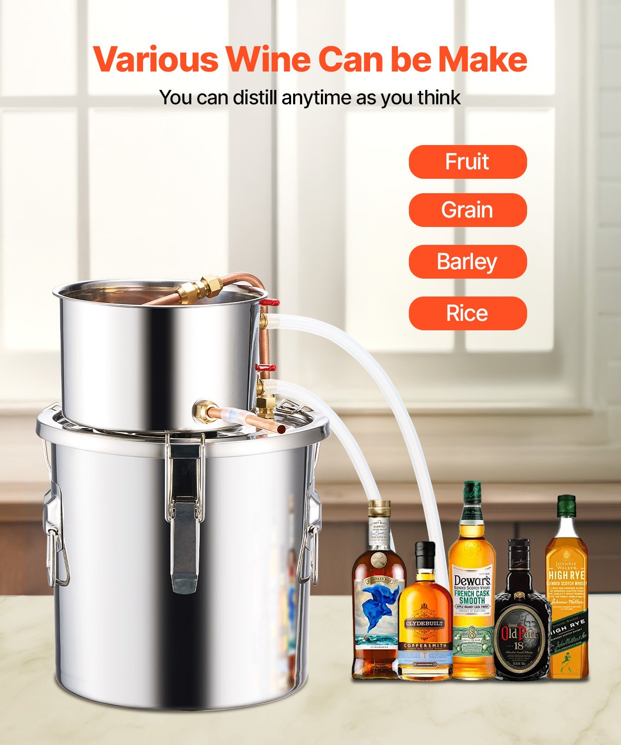 VEVOR Alkoholdestillieranlage 11,4 L Edelstahl Wasseralkohol Destillieranlage mit Kupferspule, Heimbrau-Raffinations-Gärungsset mit Thermometer und Pumpe, für Wein Whisky Brandy, Silber