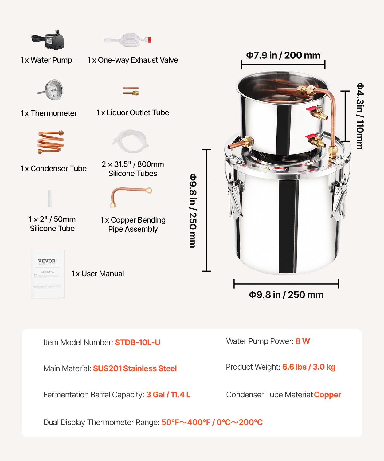 VEVOR Alkoholdestillieranlage 11,4 L Edelstahl Wasseralkohol Destillieranlage mit Kupferspule, Heimbrau-Raffinations-Gärungsset mit Thermometer und Pumpe, für Wein Whisky Brandy, Silber