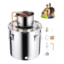 VEVOR Alkoholdestillieranlage 30 L Edelstahl Wasseralkoholdestillieranlage mit Kupferspule, Heimbrau-Raffinations-Gärungsset mit Thermometer, für Wein Whisky Brandy Silber