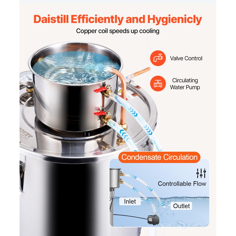 VEVOR Alkoholdestillieranlage 30 L Edelstahl Wasseralkohol Destillieranlage mit Kupferspule, Heimbrau-Raffinations-Gärungsset mit Thermometer und Pumpe, für Wein Whisky Brandy, Silber