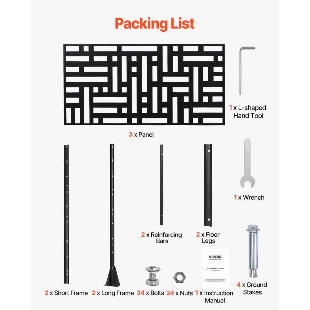VEVOR Paravent, 120x50,8x193 cm, Sichtschutz für den Außenbereich, freistehende Trennwand mit Ständer, dekorativer Raumteiler aus Stahl für Balkon, Terrasse, Innenbereich, Whirlpool, Schwarz