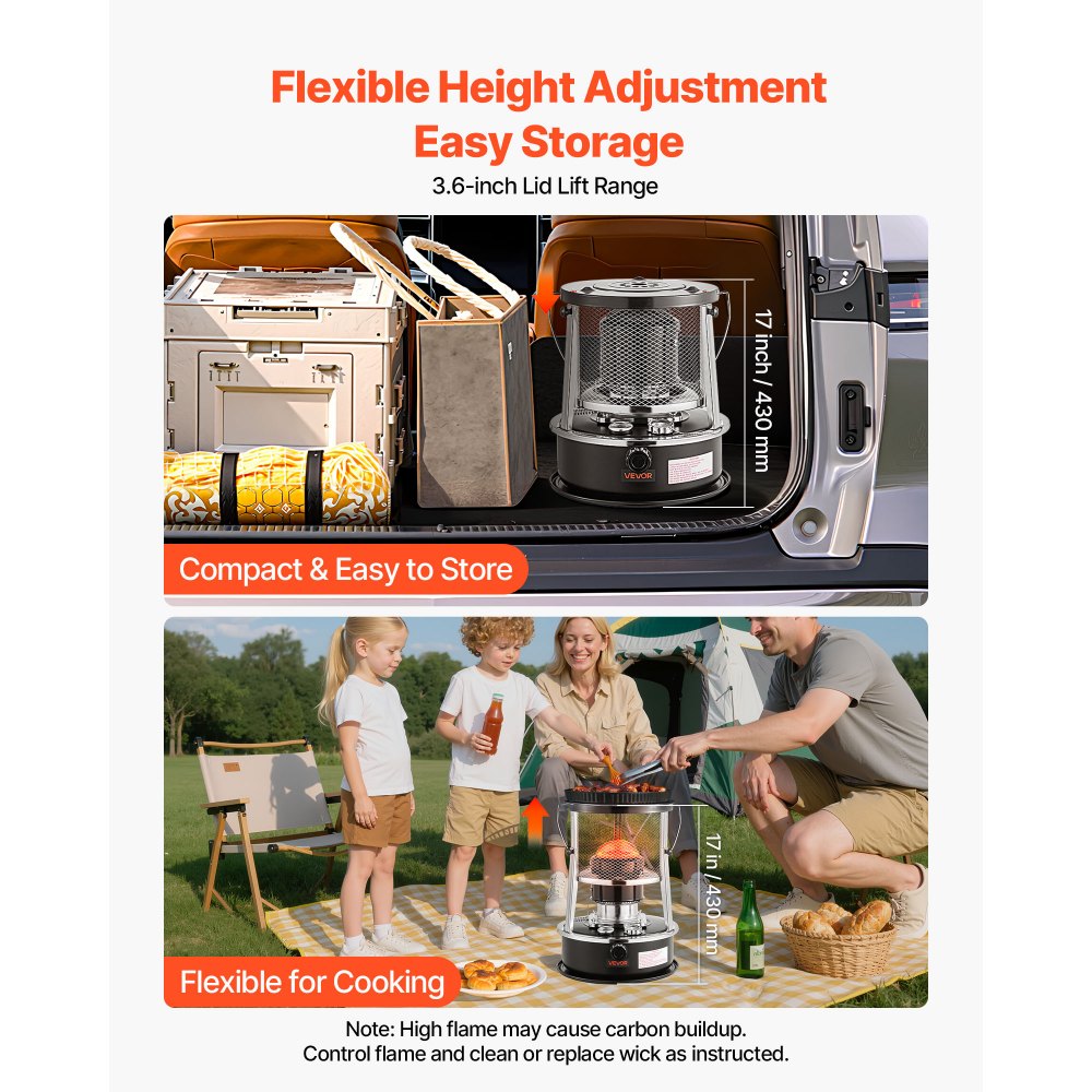 VEVOR 9000 BTU tragbarer Petroleumofen, 2-in-1 Heizofen mit Kochenfunktion, einstellbarer Höhe & Flamme, für Innenräume & Outdoor, Camping, Jagd, Kochen, Zuhause, Garage, Schwarz